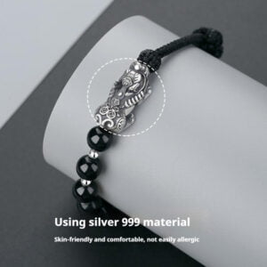 Black Obsidian Pixiu Men's Bracelet: 999 Sterling Silver, Essential for Wealth Attraction